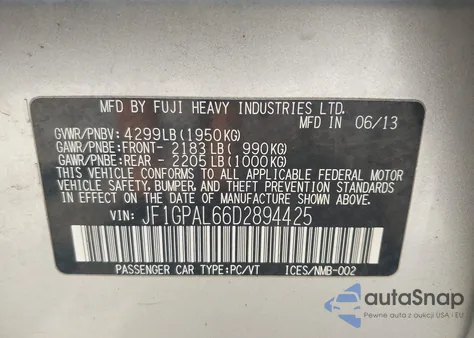 2013 Subaru Impreza 2.0I Sport Premium from USA, damaged, VIN JF1GPAL66D2894425